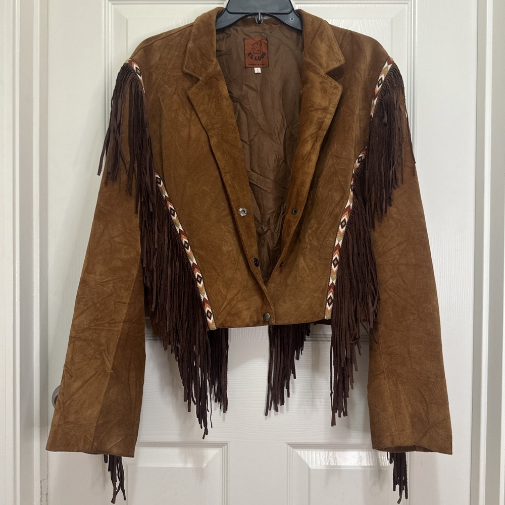 Western Fringe Leather Suede Jacket‎ Button Up Brown Aztec Design Sz Woman's L - Picture 2 of 15